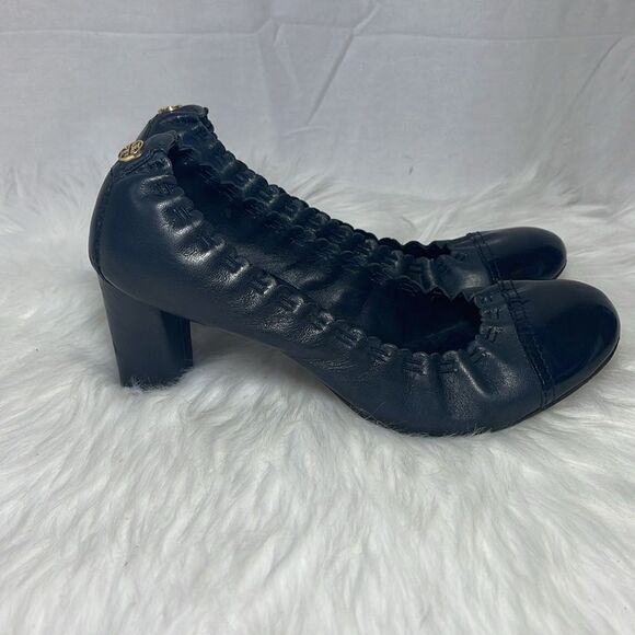 Tory Burch Abbey Navy Calf Leather Cap Toe Heels Sz 7.5 - Picture 4 of 7